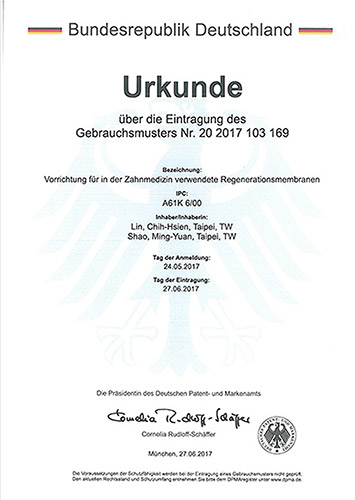 翰強生物科技-專利認證-許可證-用於牙科之再生膜裝置-德國專利